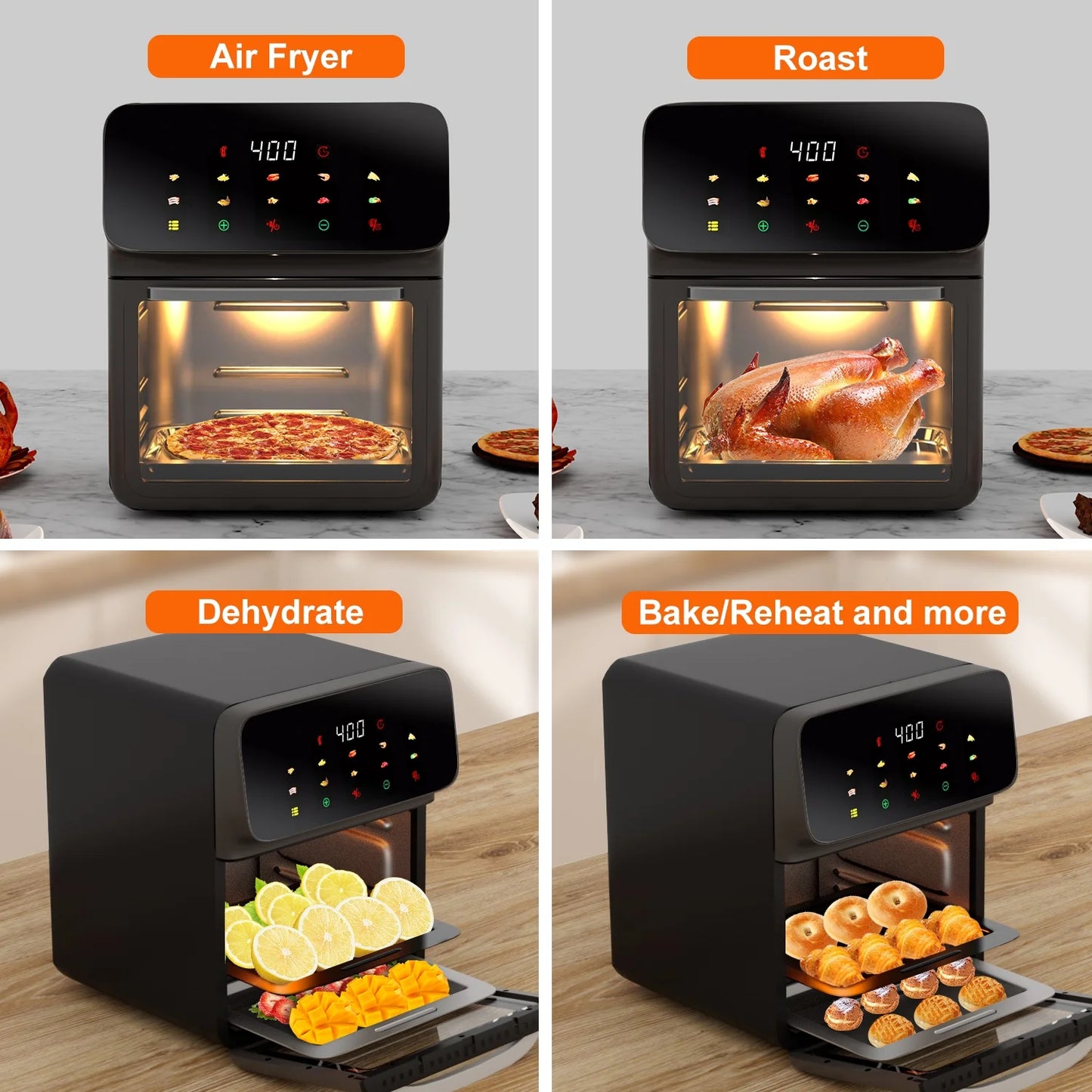Freidora De Aire Horno De Convección De 12QT Con Multifunción 10 En 1, Ventana Visible Y Pantalla Táctil, Negro