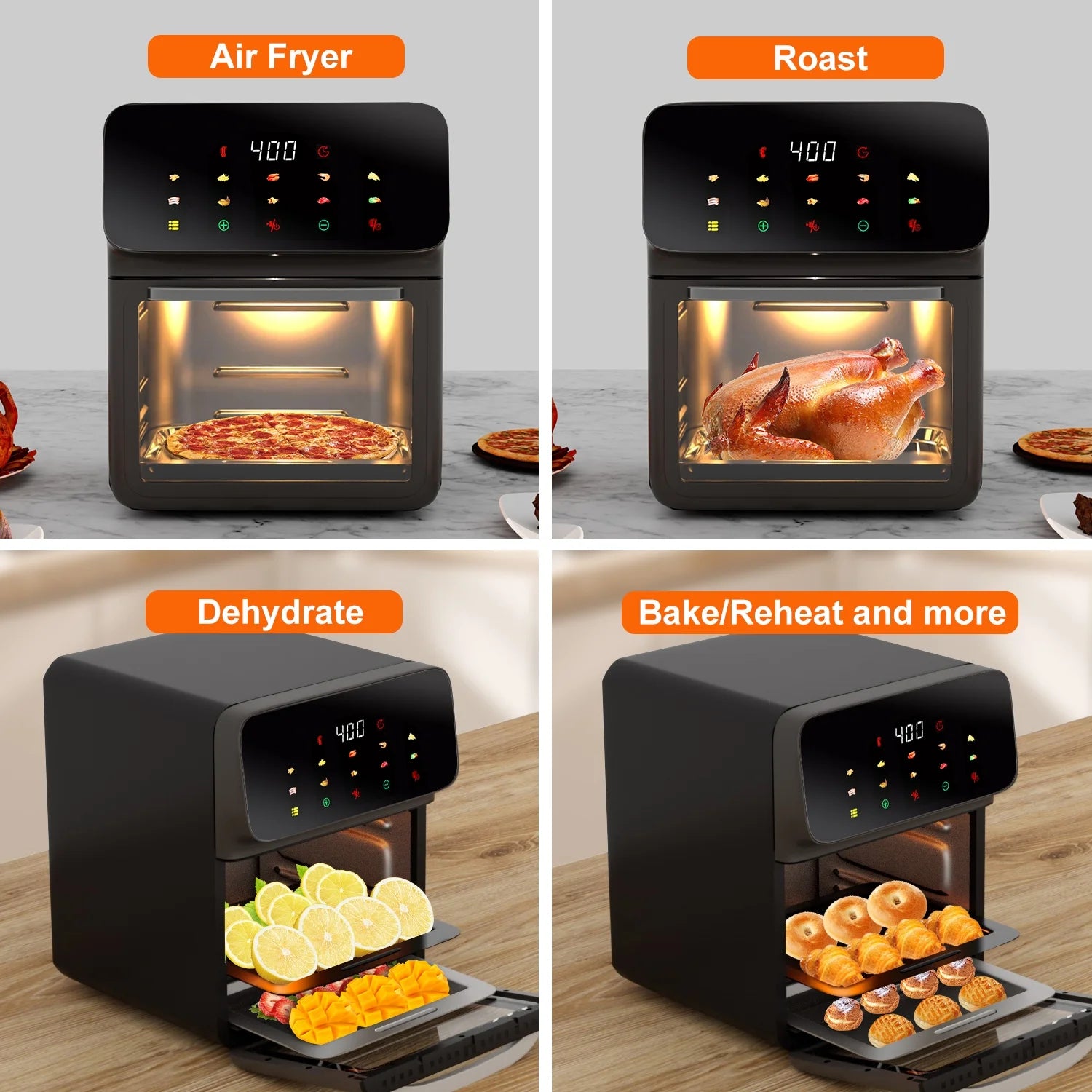 Freidora De Aire Horno De Convección De 12QT Con Multifunción 10 En 1, Ventana Visible Y Pantalla Táctil, Negro