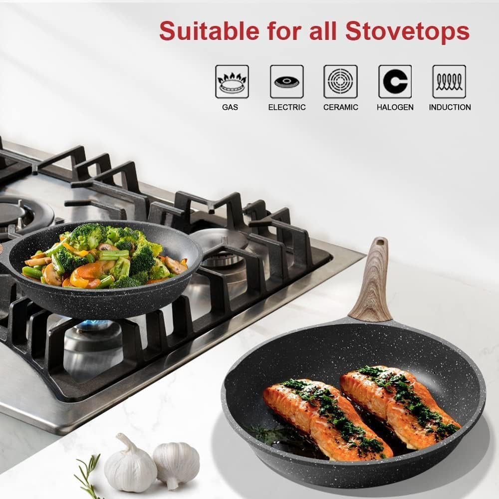Nonstick Pan with Lid, Nonstick Stone Frying Pan, Best Nonstick Omelette Skillet with Soft Touch Handle, Induction Compatible(9.5 Inch with Lid)