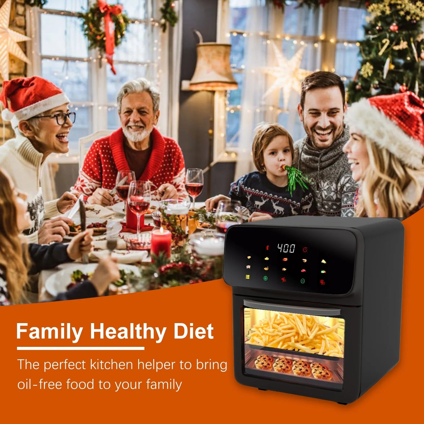 Freidora De Aire Horno De Convección De 12QT Con Multifunción 10 En 1, Ventana Visible Y Pantalla Táctil, Negro
