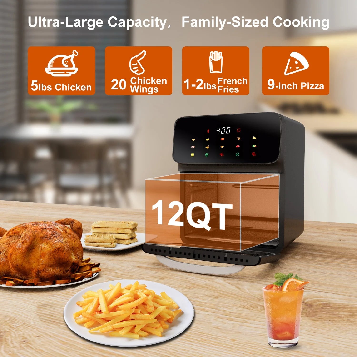 Freidora De Aire Horno De Convección De 12QT Con Multifunción 10 En 1, Ventana Visible Y Pantalla Táctil, Negro