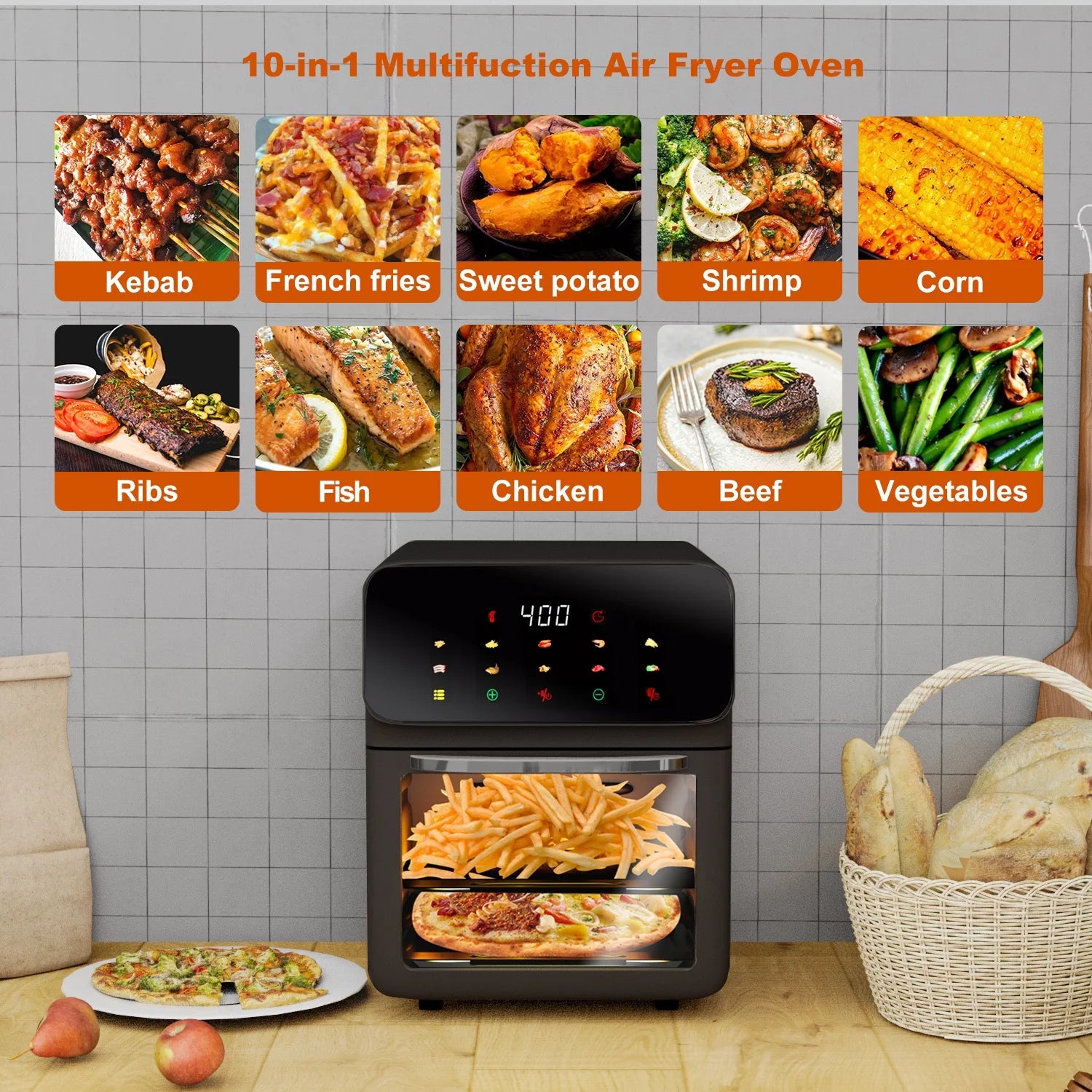 Freidora De Aire Horno De Convección De 12QT Con Multifunción 10 En 1, Ventana Visible Y Pantalla Táctil, Negro
