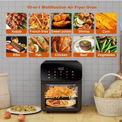 Freidora De Aire Horno De Convección De 12QT Con Multifunción 10 En 1, Ventana Visible Y Pantalla Táctil, Negro
