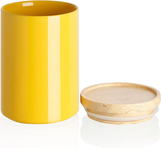 Kitchen Canisters 58 FL OZ Ceramic Food Storage Jar, Stackable Containers with Airtight Seal Wooden Lid for Serving Coffee Bean, Flour, Tea, Cookies and More (Yellow)