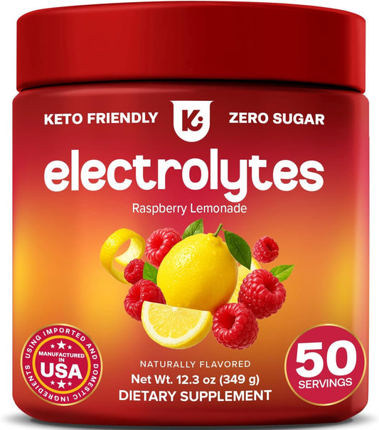 Keto Electrolytes Powder No Sugar - Sugar Free Electrolytes - Keto Hydration Electrolytes - Made in USA - Delicious Raspberry Lemonade Flavor - Mixes Easily No Clumps