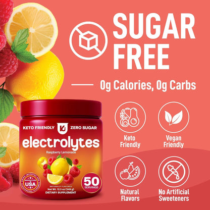 Keto Electrolytes Powder No Sugar - Sugar Free Electrolytes - Keto Hydration Electrolytes - Made in USA - Delicious Raspberry Lemonade Flavor - Mixes Easily No Clumps