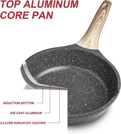 Nonstick Pan with Lid, Nonstick Stone Frying Pan, Best Nonstick Omelette Skillet with Soft Touch Handle, Induction Compatible(9.5 Inch with Lid)